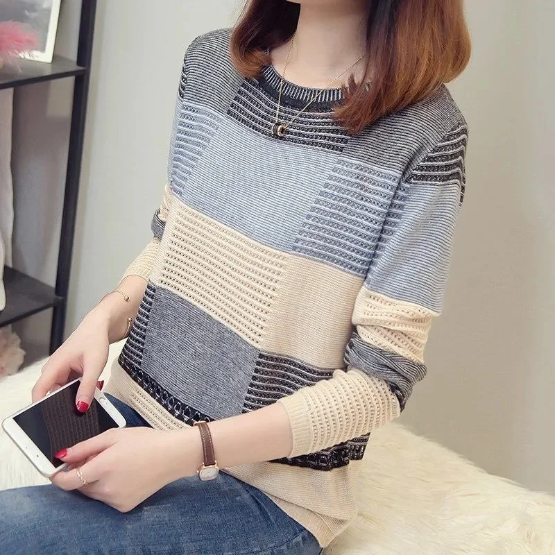 2023 New Sweater Women Purple Striped Stripes Pullover Thin Knitting Korean Version Loose Hook Hollow Jumper Casual Top