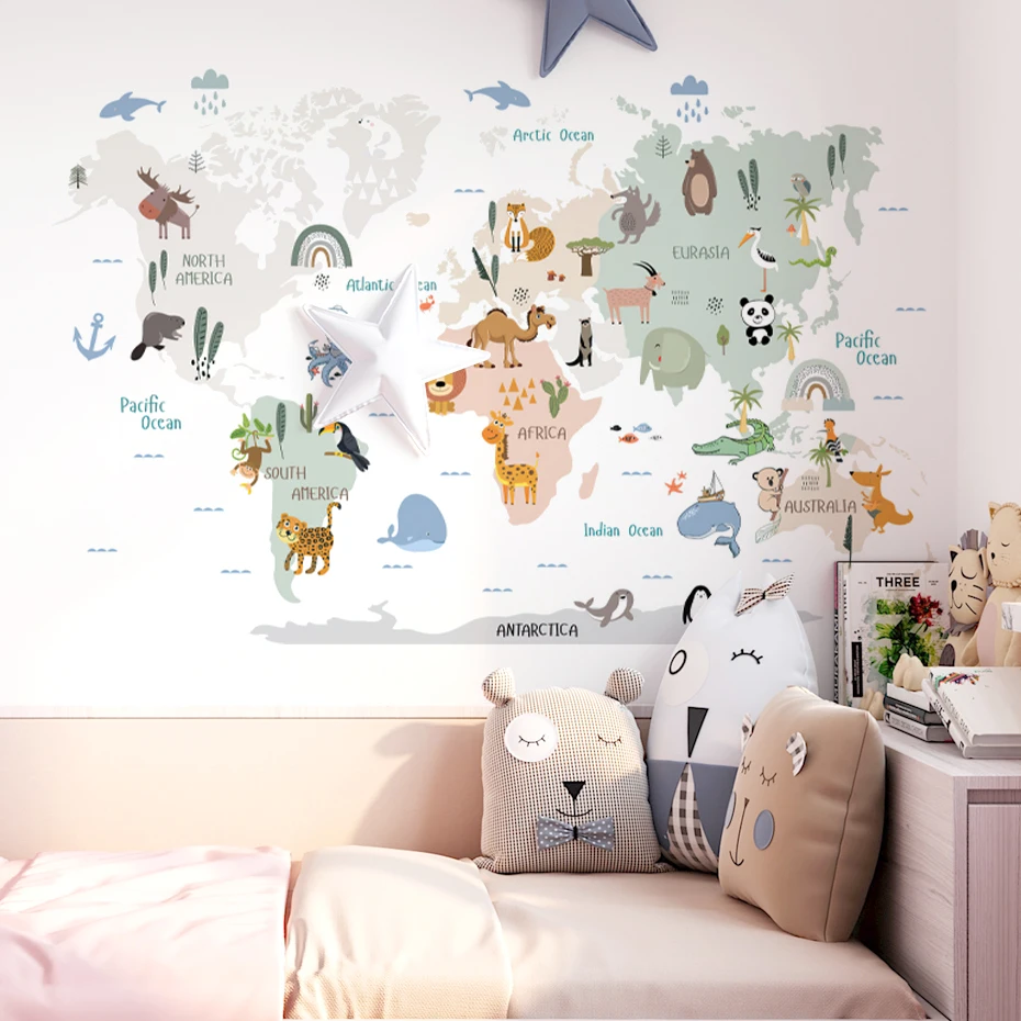 水彩画世界地図壁ステッカー、動物、野生、子供、ビニール、保育 - Baby Nursery Furniture のレビューと価格