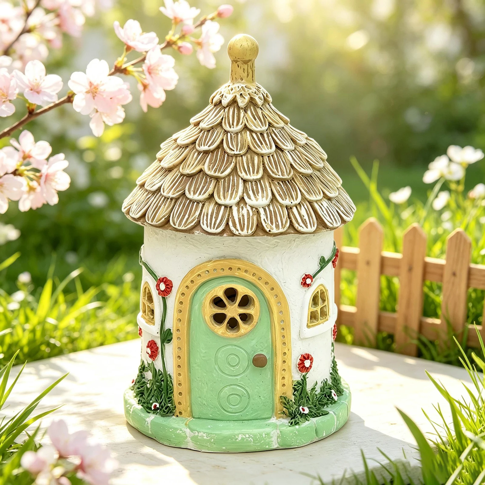 Floral Fairy House Solar Light for Garden Pathway Lawn Patio Resin Solar Powered Outdoor Decor with Artistic Hand Painted Theme