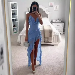 Summer Sexy Party Dress Fashion Spaghetti Strape V-neck Ruffles Splic Irregular Hem Blue Long Dresses Slim Club Evening Robe