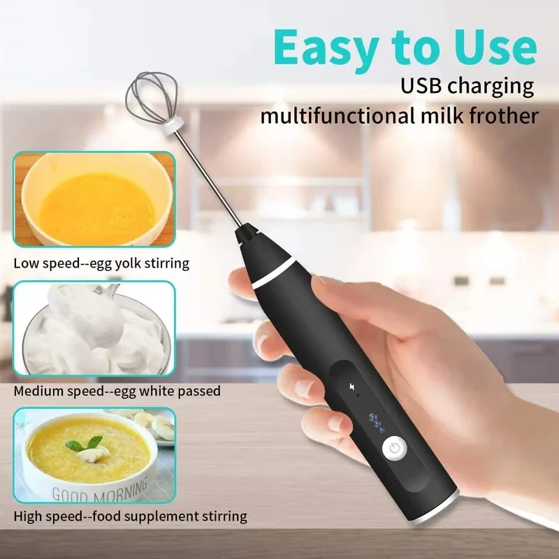 1PCS electric milk frother, handheld egg beater, USB rechargeable 3-speed blender, coffee beverage frother, food mixer