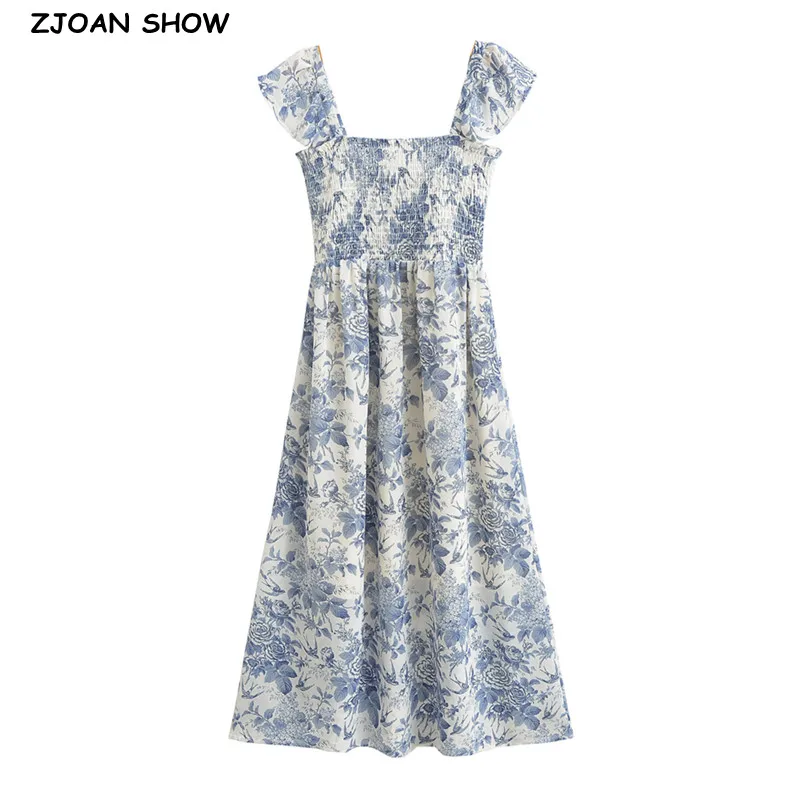 

Retro Women Blue White Floral Bird Print Ruffles Wood ears Strap Dress Sexy Corset Style Ruched Elastic Body Midi Sling Robe