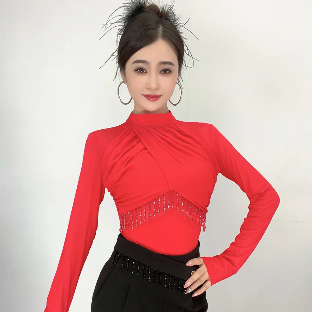 Haut de danse latine pour femmes, manches longues, noir, Samba, rouge, répétition, danse de salle de bal blanche, une pièce, perle, bal de taureau, danse