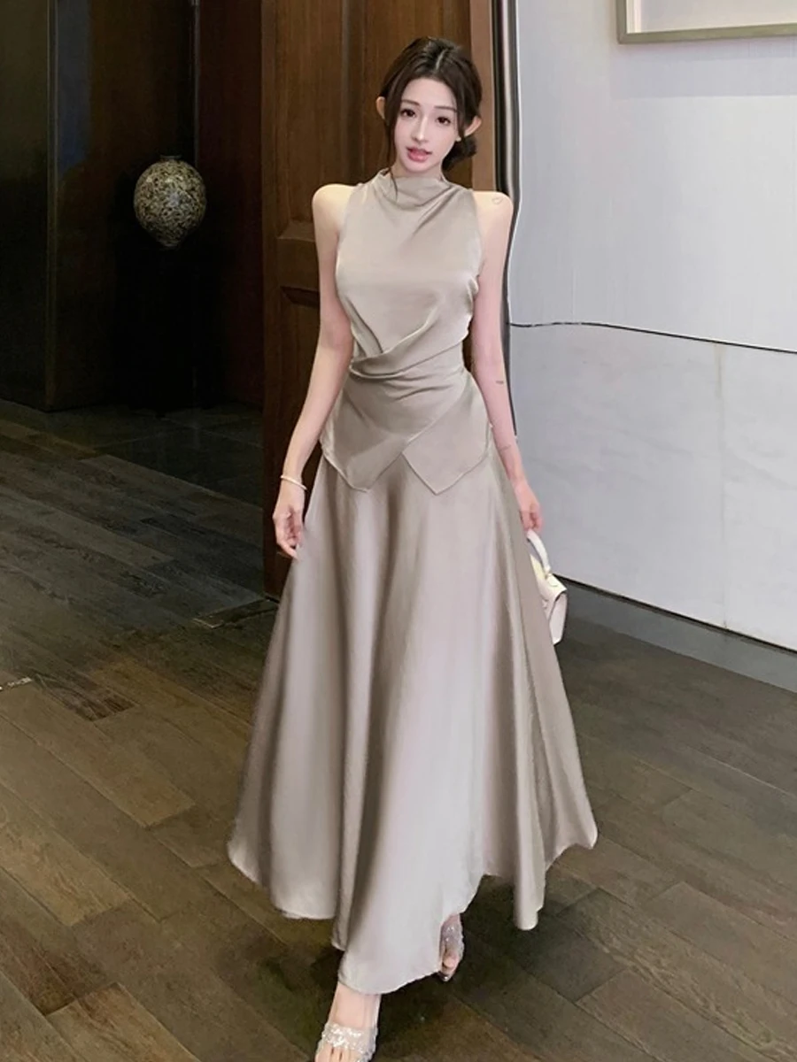 

Elegant Satin Waist-Cinching Strapless Top And Skirt Set French Style Summer Fashion for Young Women Big Swing Half-length Skirt