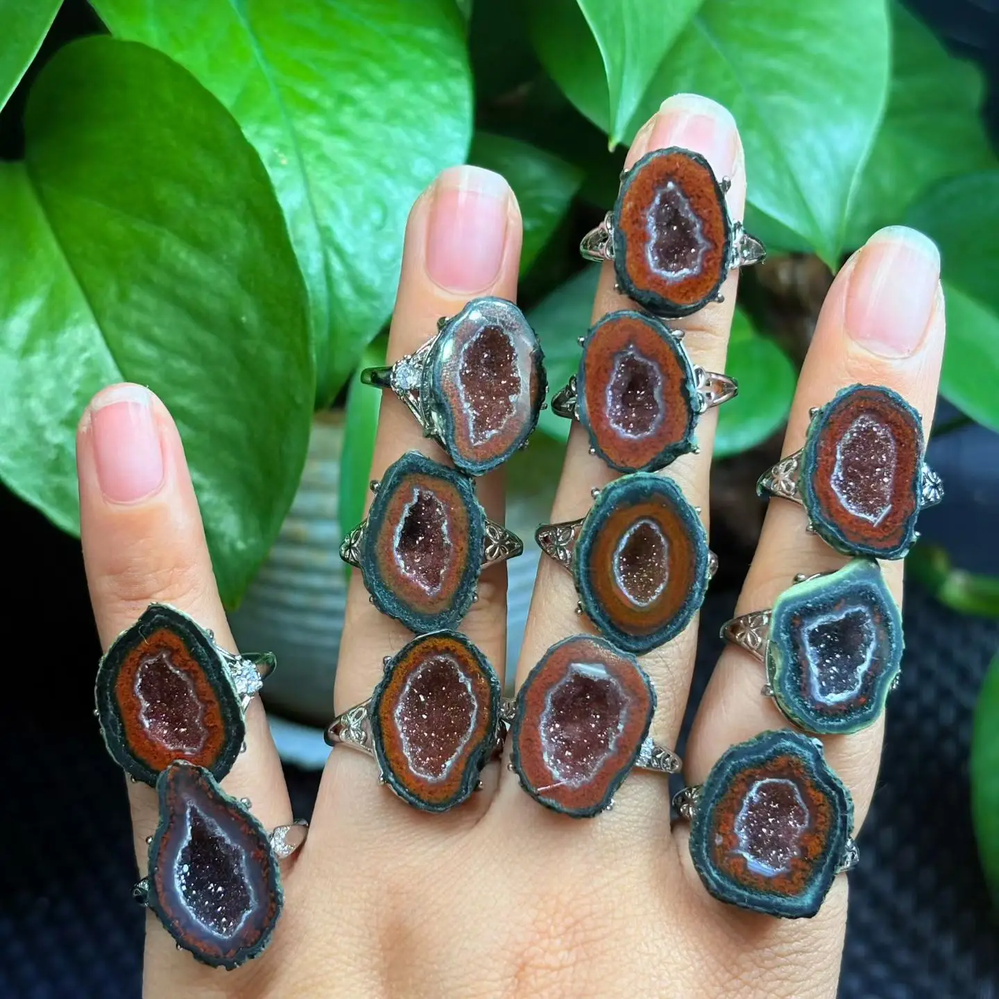 1 Pc Fengbaowu Natural Mexico Raw Agate Geode Ring Resizable Reiki Healing Stone Fashion Jewelry Gift For Women Men