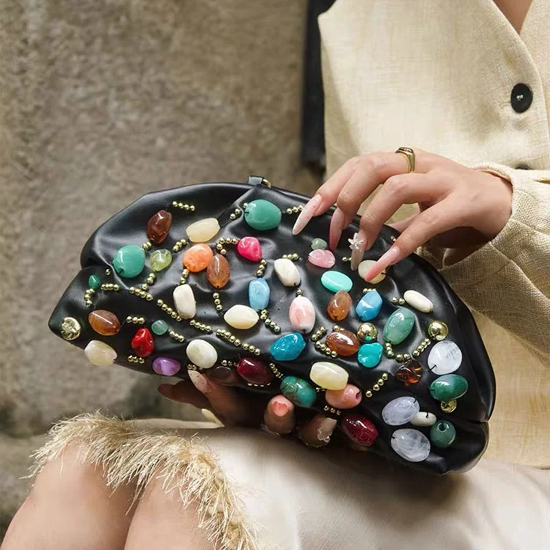 2026 New Retro Colored Stone Decorated Cloud Dumpling Bun Casual Versatile Handheld Crossbody Bag