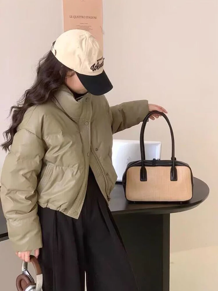 Jmprs Retro Moto Pu Puffy Mäntel Frauen lose Streetwear Langarm koreanische Parkas Winter dicke warme lässige Vintage Harajuku Tops