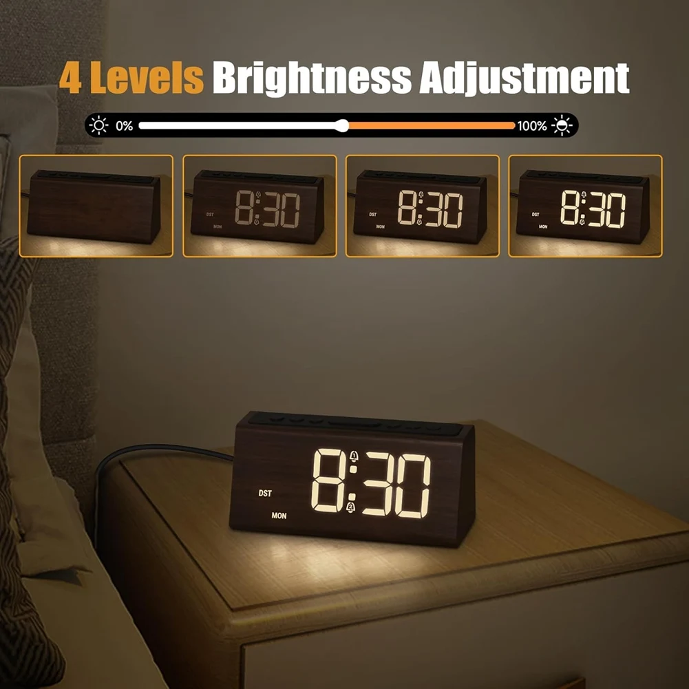 USB Port Electric Desk Clock, Wooden Digital Alarm Clock For Bedroom Loud Alarm For Heavy Sleepers, Supports Snooze DST