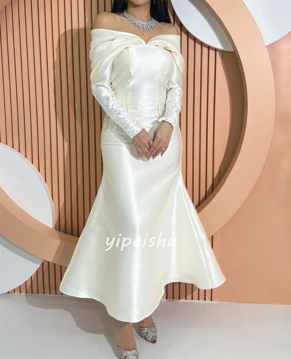 Customized Matching Satin Sequined Ruched Mermaid Off-the-shoulder Midi Dresses Evening Dresses Classic Exquisite Pastrol Sexy