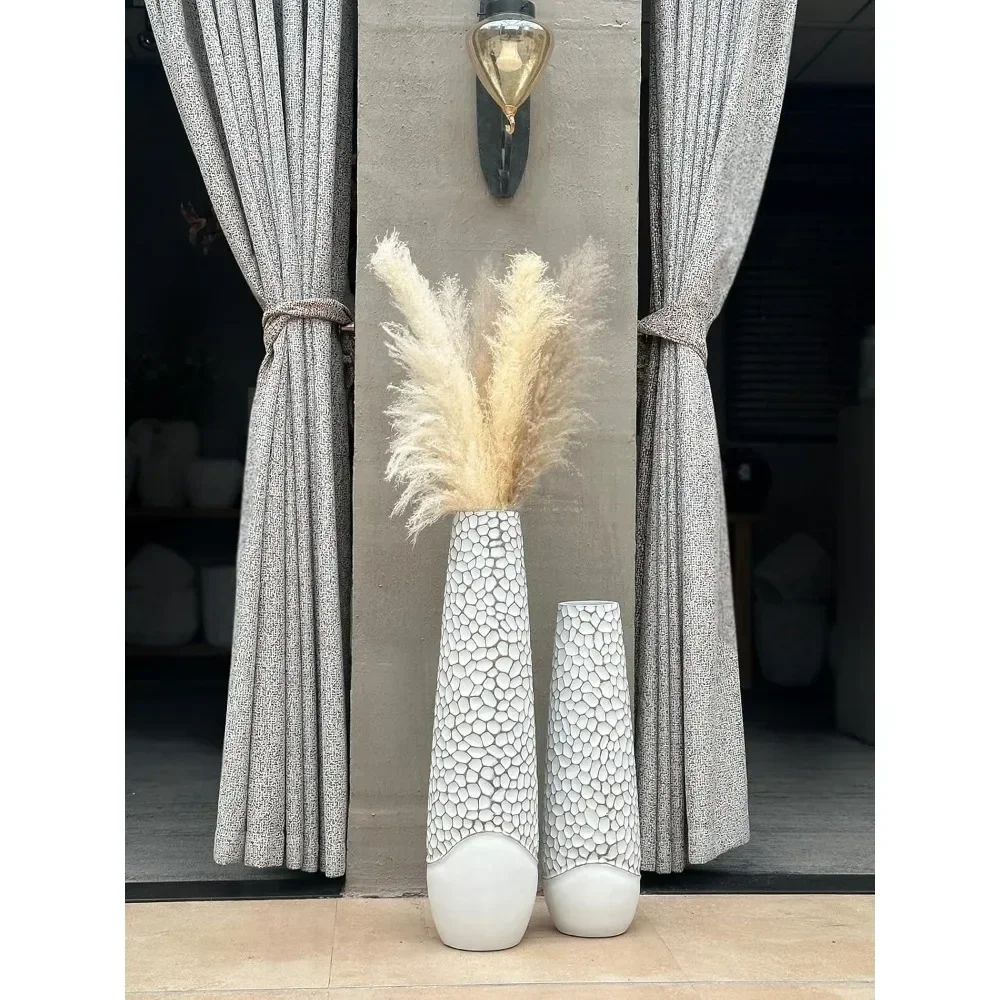 White high footed oversized floor vase for feathers, handmade resin flower rack