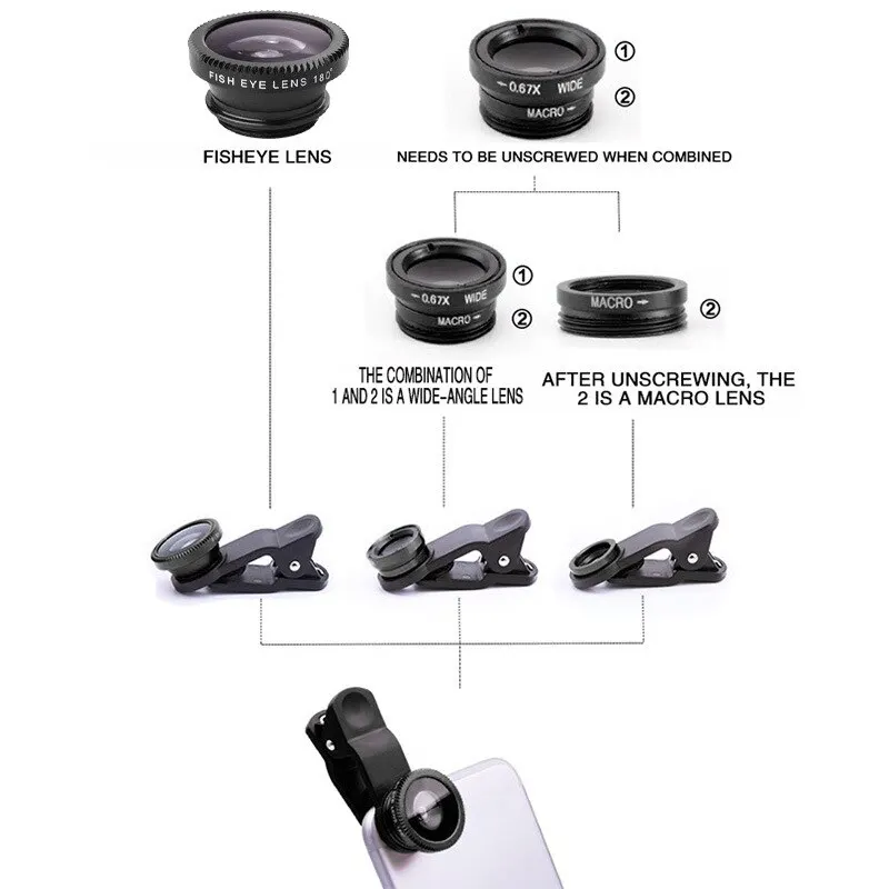 ملحقات ماكرو واسعة محمولة من فيش ماكرو 3 في 1 بزاوية ، ملحقات هاتف ذكي ماكرو بعدسات خارجية أندرويد