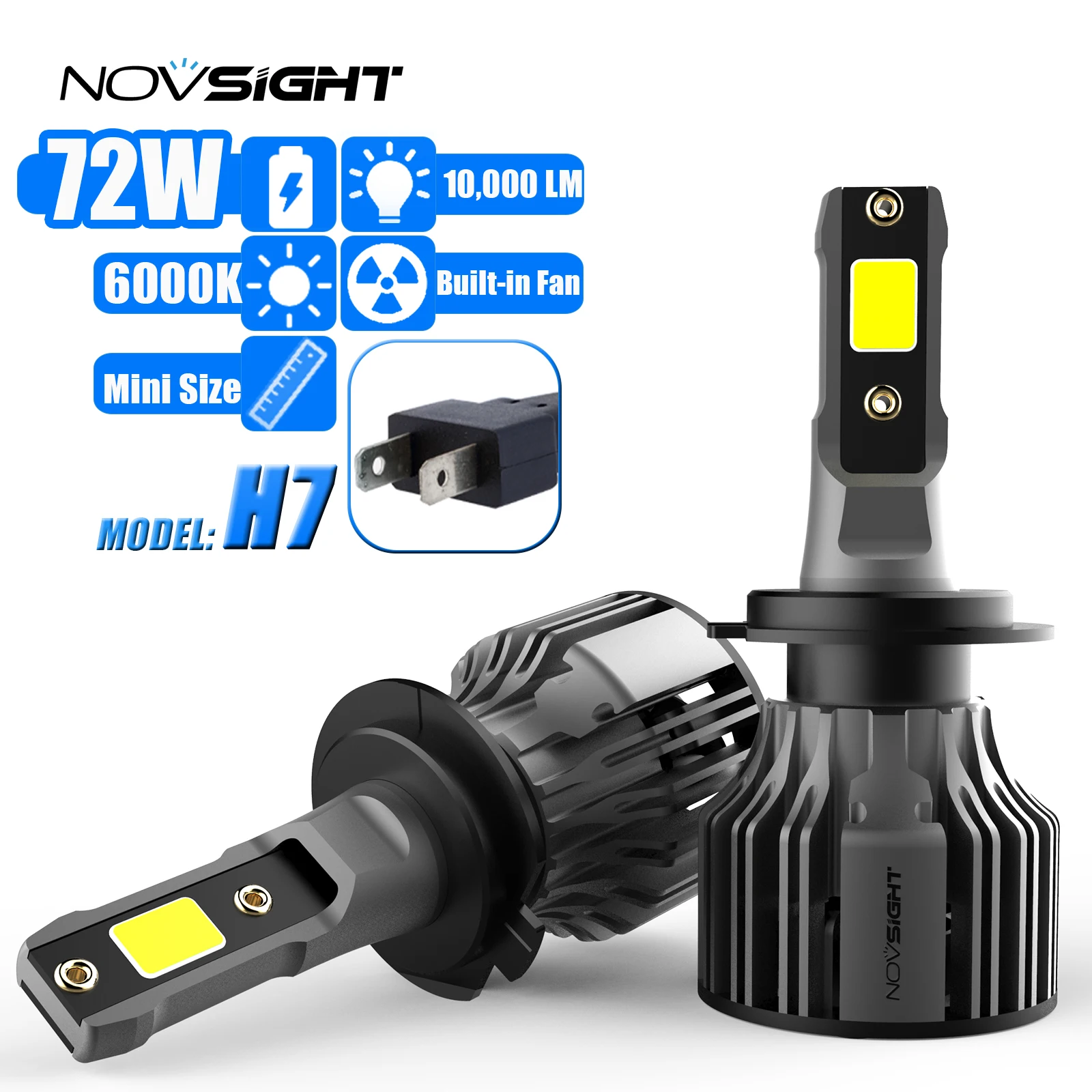 NOVSIGHT H7 Led Headlights Super Bright 72W 10000LM 6000K White Car Headlight Bulbs Auto Headlamps N39 Built-in Fans 12V