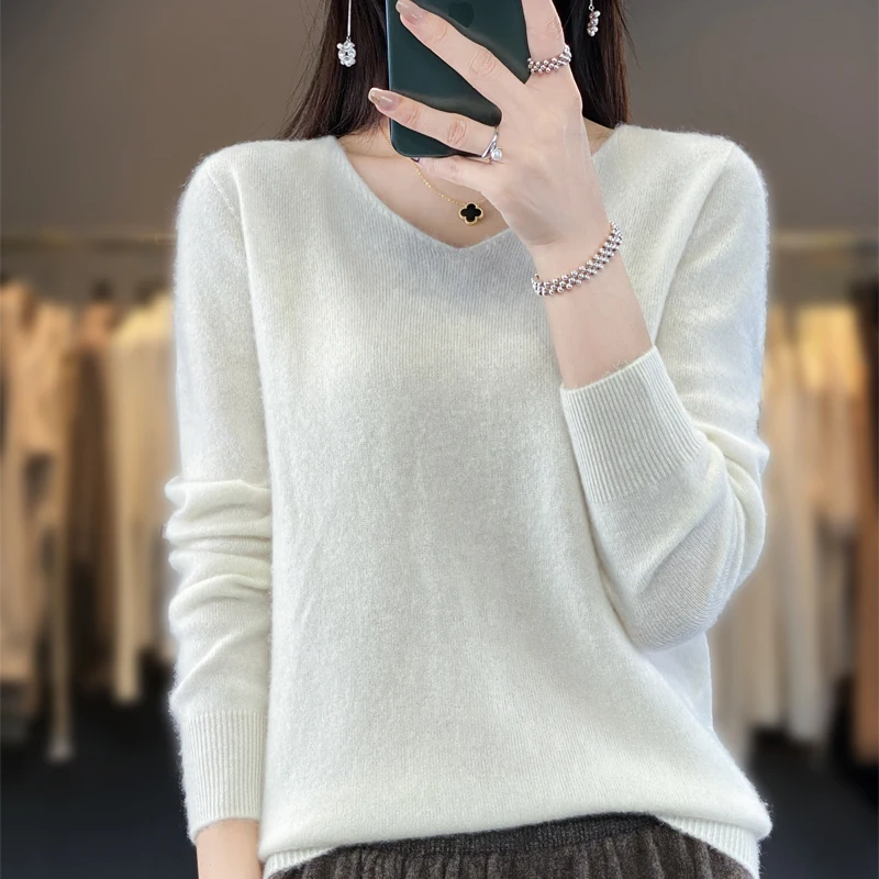 Women\'s Fine Round Neck Cashmere Knitted Comfortable Sweater 100% Pure Wool Merino Winter Fashion V-Neck Top Autumn Warm Pullove