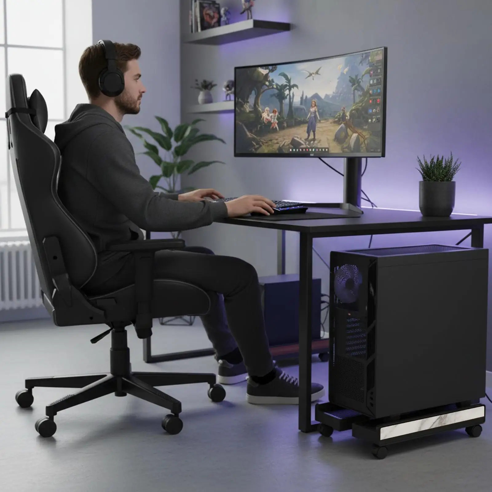 

PC Stand For Carpet Adjustable Portable Shelf With Brake Wheels CPU Cart For Workplace Laptop Printer Monitor Game Room Storage