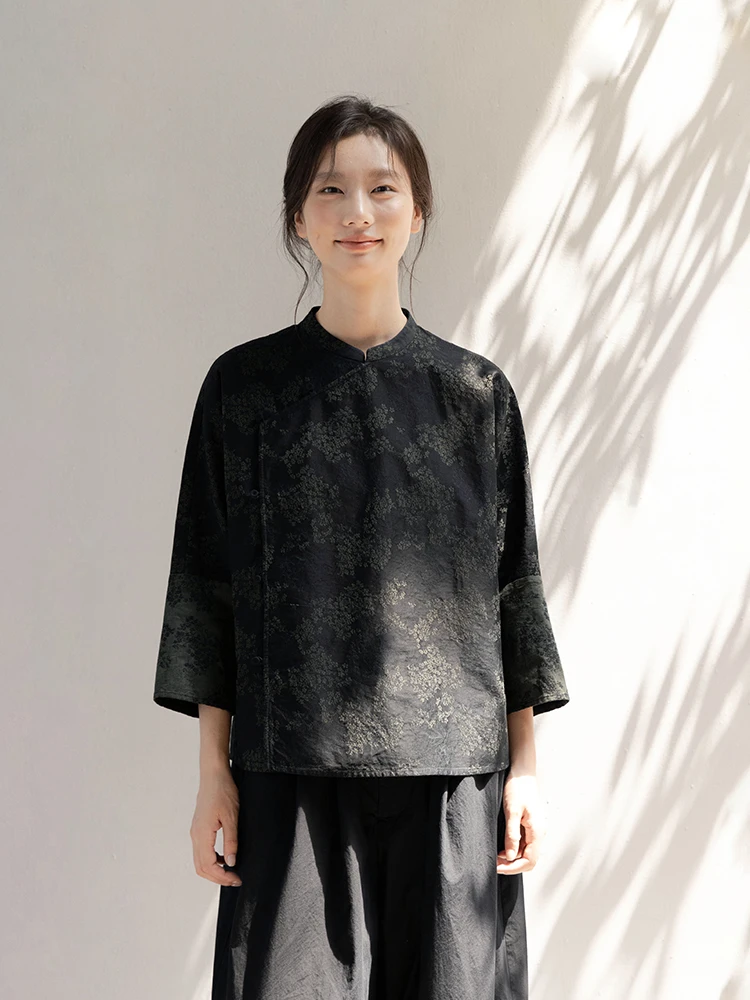 

New Le Collection 00% Cotton Embroidered Color Blo Sve Top Bla And een Autumn New Chinese Sle Colion Color S...