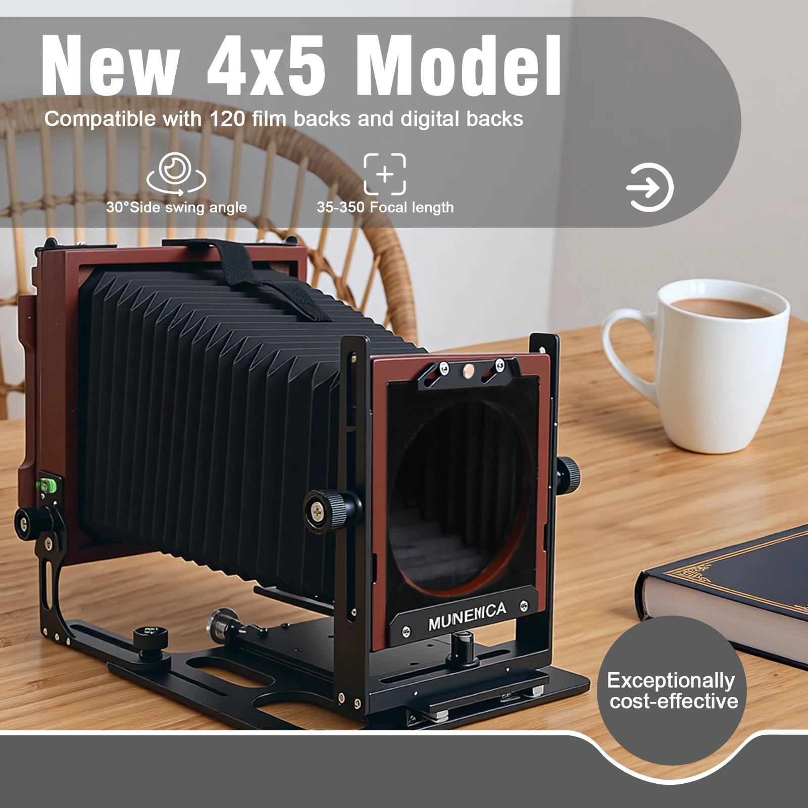 eTone Professional Munewca 4x5 Large Format Film Camera Carbon Fiber Composite with Teak Wood Lightweight Camera 1