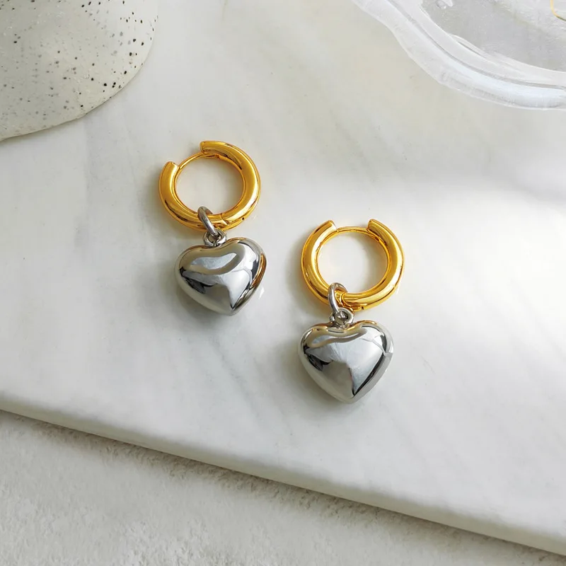 Statement Minimalist Gold Silver Color Mixed Solid Heart Pendant Hoop Earrings Street Style Korean Fashion Jewelry