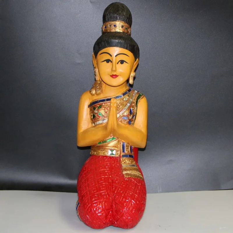 Thailand Welcome Kneeling Buddha Ornaments Wood Carving Doll Maid Doorboy Table-Top Decoration Southeast Asian Crafts