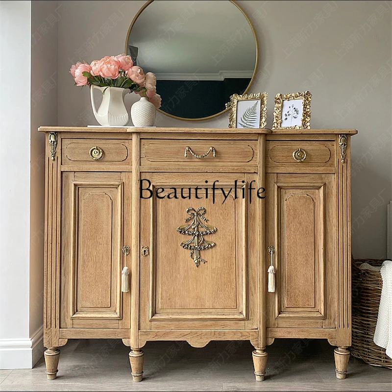 American Country Sideboard Cabinet Solid Wood Carved Vintage Restaurant Three-Door Cupboard Locker Oak Color