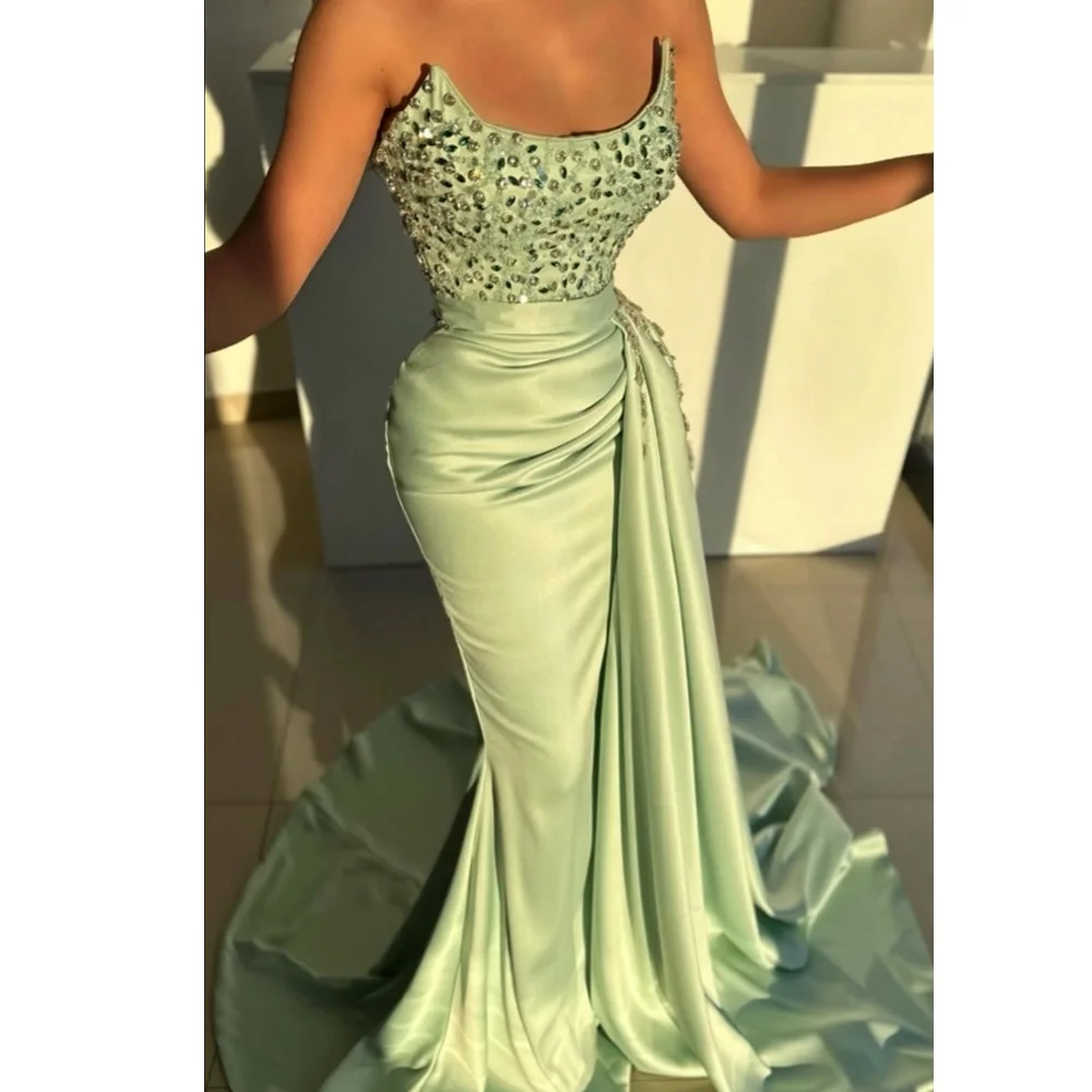 Mint Green Strapless Beaded Evening Gown – Side-Ruched Ruffled Mermaid Formal Dress (Plus-Size Customization Available)