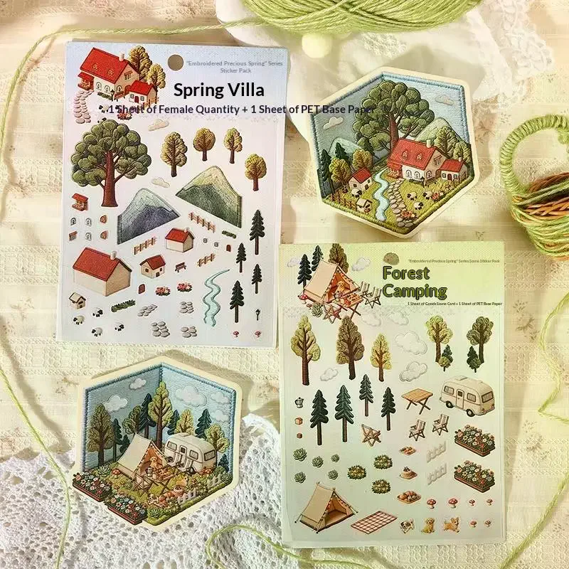 1 Set Spring DIY Decals Creative 3D Scenes Cartoon Landscape Stickers For Gift Card Collage Junk Journal Scrapbook Decor