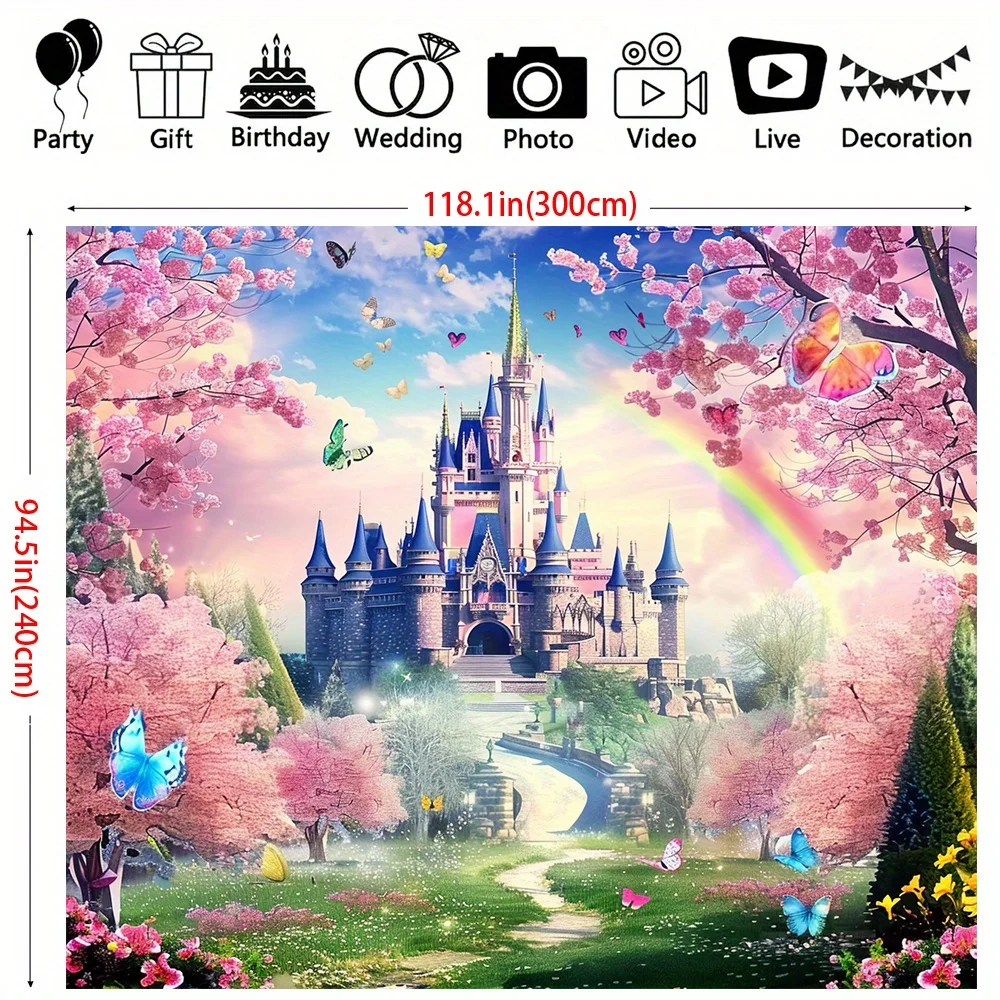 The charming castle and pink forest backdrop are perfect for fairy-tale themed parties, birthdays, weddings and photo shoots