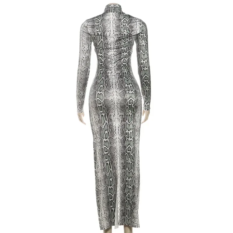 Serpentine Print Metal Rings Hollow Out Bodycon Maxi Party Dress Women Sexy Turtleneck Full Sleeve Peach Hips Clubwear Long Robe