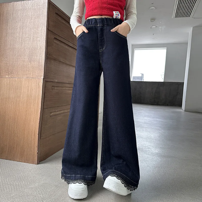 

Autumn Children Girls Pant Lace Patchwork Full Length Teenager Girls Straight Leg Pant Elastic Waist Loose Junior Girls Trousers