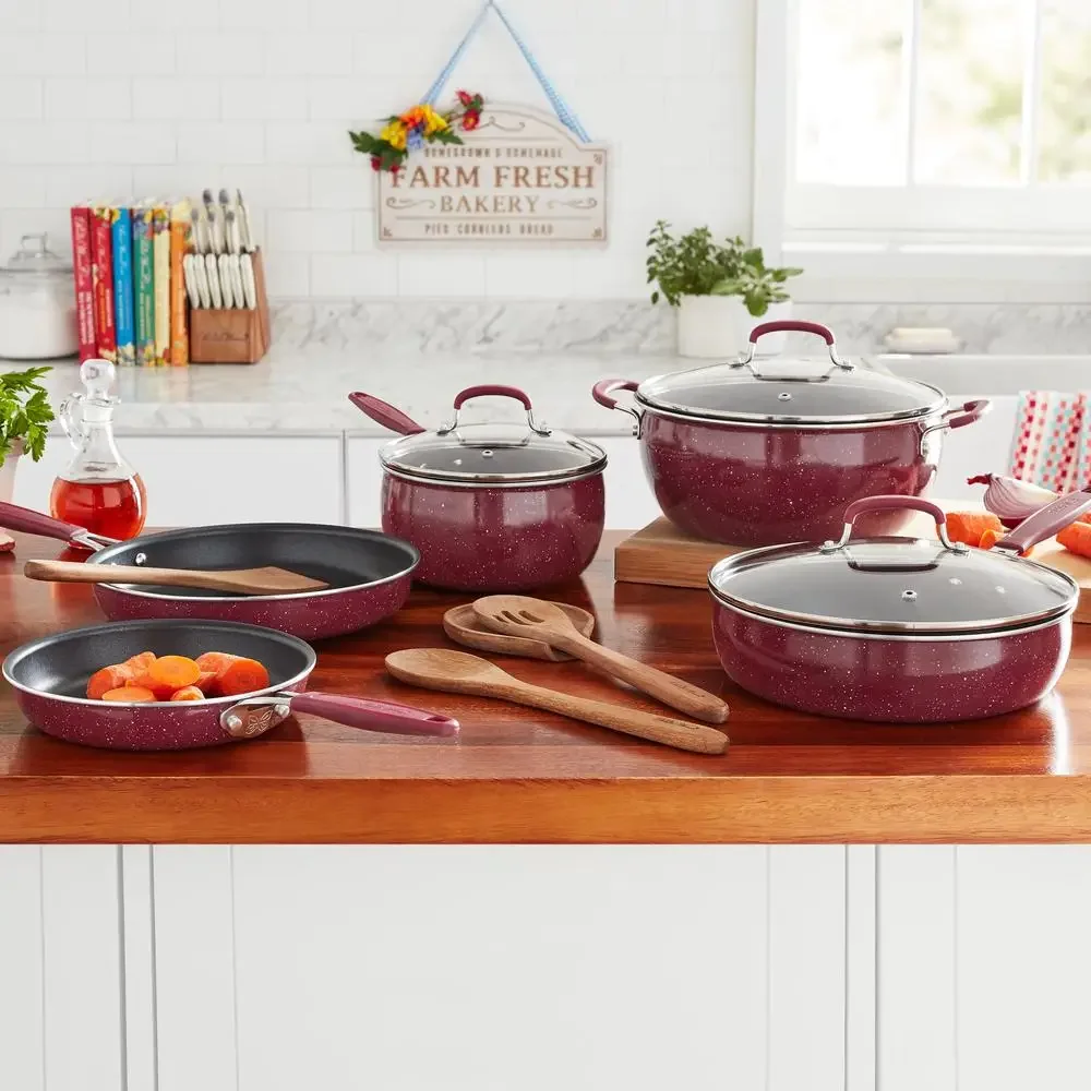 Aluminum Cookware Set 12-Piece Frontier Speckle Merlot Nonstick Glass Lids Frying Pan Sauce Pans Wood Utensils Acacia Durable