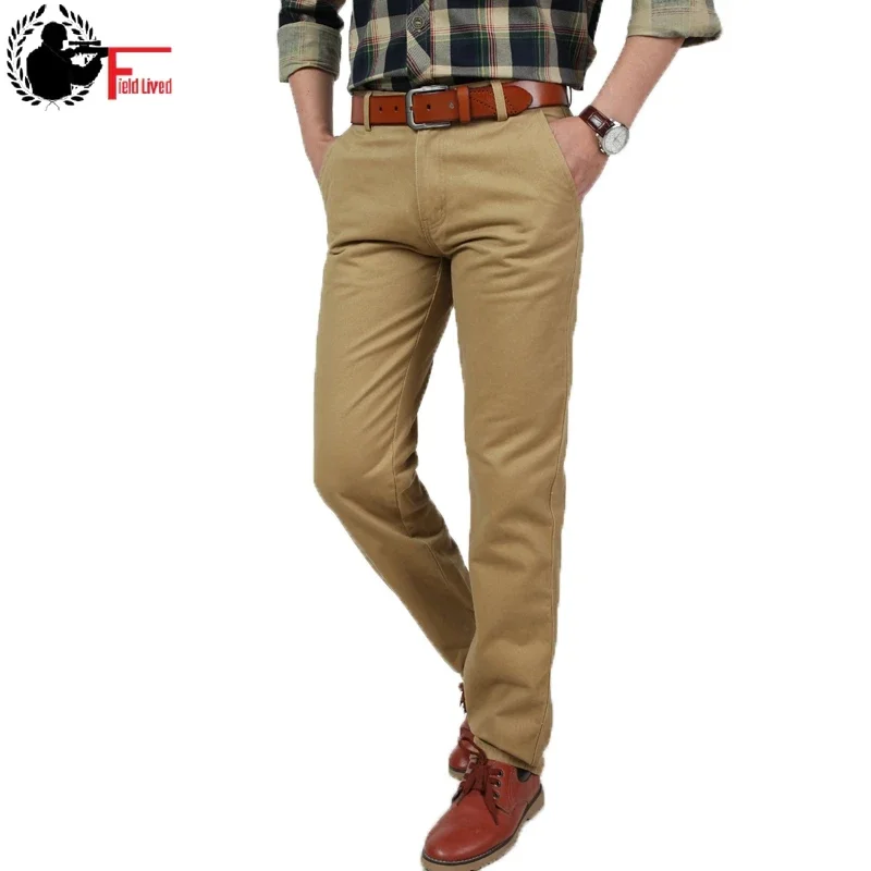 Men's Pants Pockets Full Length Loose 100% Cotton Long Pants Men Khaki Cargo Pants Men Army Male Straight Trousers size 38 40 42