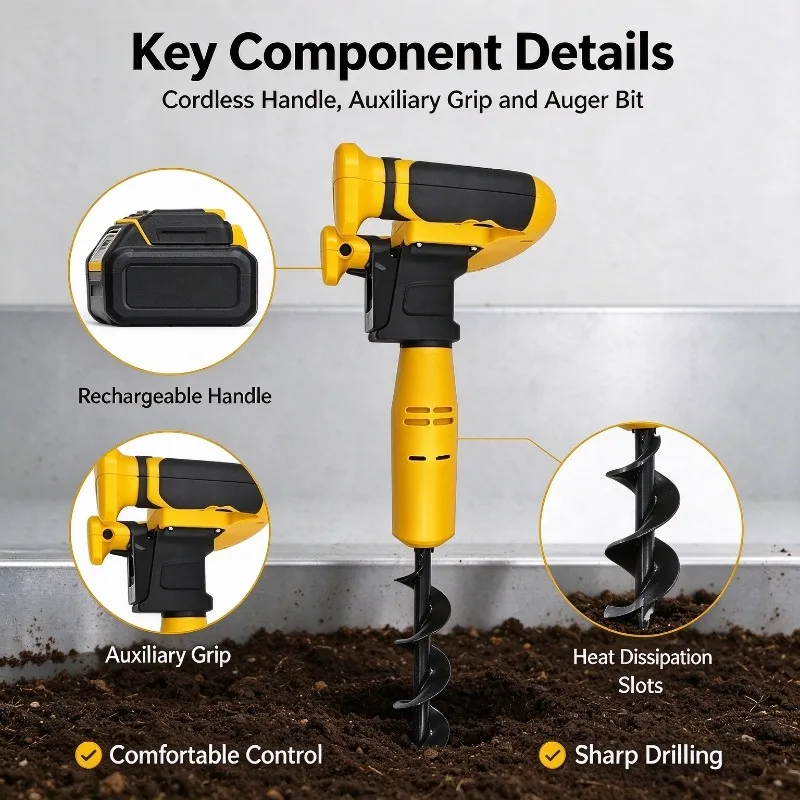 Cordless Electric Earth Auger Rechargeable Hole Digger For Orchard Tree Planting Vegetable Seedling Farm Garden Digging Working