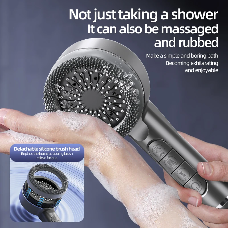 High Pressure Filter Shower Head 4 Spray Modes Massage Silicone Brush Water Stop Button Hose Wall Bracket 10/15/20 Filters image 5