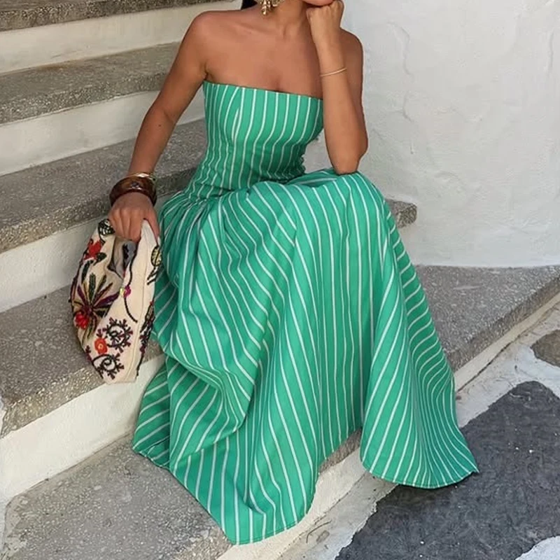 Sommerliches, schlichtes, rückenfreies, ärmelloses Maxikleid, modisches schulterfreies Kleid mit Streifenmuster, elegantes trägerloses Kleid mit hoher Taille und Falten