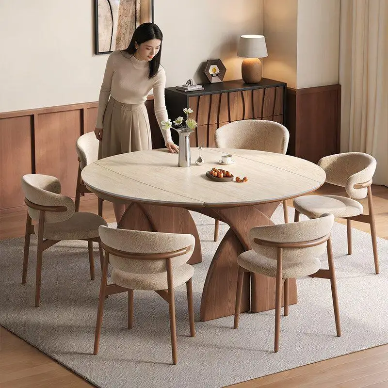 Solid wood folding dining table chair variable round table retractable household small apartment