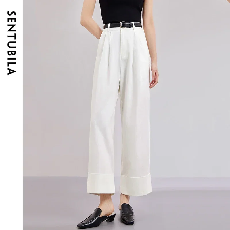 SENTUBILA Women Cuffed Wide Leg Cropped Pants 2024 Commute Casual Leather Belt Cotton Blend Trouser Female Clothes 141K53856