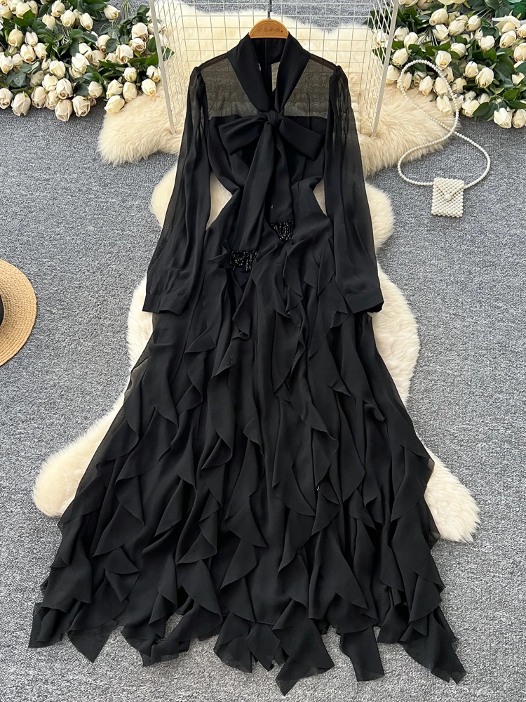 플리츠 허리와 매듭 디자인으로 슬림하고 가을에 입기 좋은 여성용 드레스