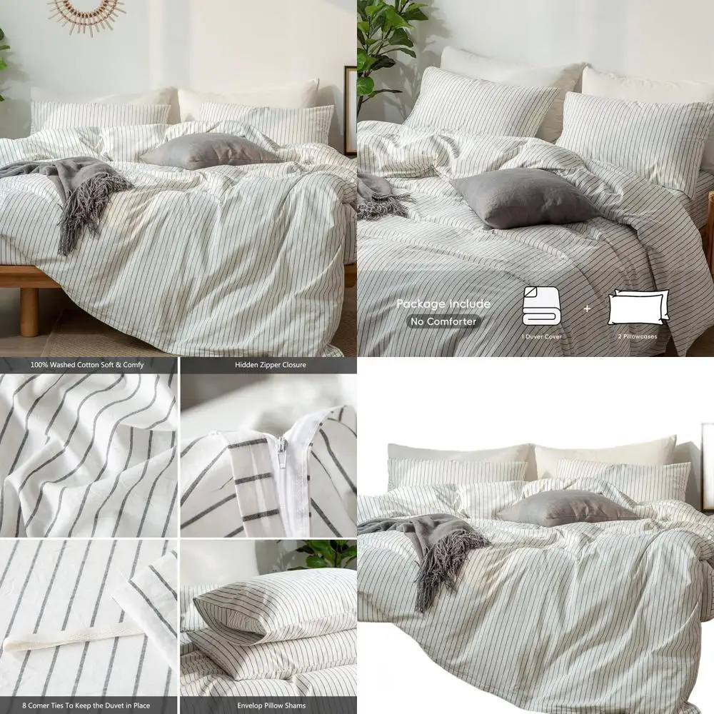 

Queen Size Cotton Striped Duvet Cover Set - Soft, Breathable, Durable (White & Dark Grey, 90x90)