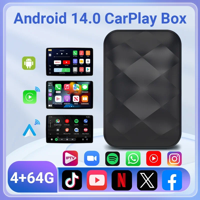 Acodo 2025 Android 14 TV Box 3-in-1 CarPlay & Android Auto Adapter – Plug-and-Play for YouTube Netflix