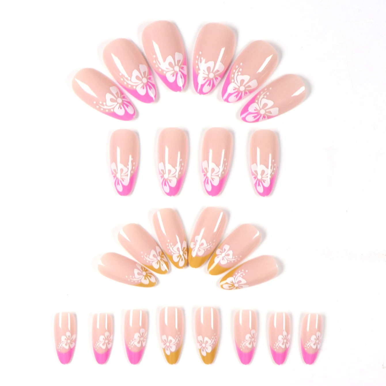 96 قطعة من أظافر اللوز الفرنسي المزيفة بتصميم الزهور، تغطية كاملة من الأكريليك، أظافر صيفية مطبوعة بالزهور، أظافر أكريليك