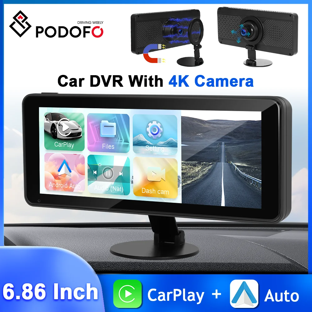 

Podofo 6.86'' Car DVR 4K Front Camera Carplay Android Auto Car Monitor ADAS AirPlay Android Cast Dashboard Dash Cam Night Vision