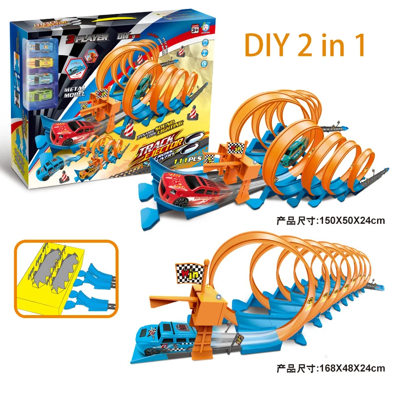 Track Catapult Rail Car Toys For Kids Stunt Speed Double Car Track Diy Assembled Rail Kits Alloy Car Metal Racing Children Toy