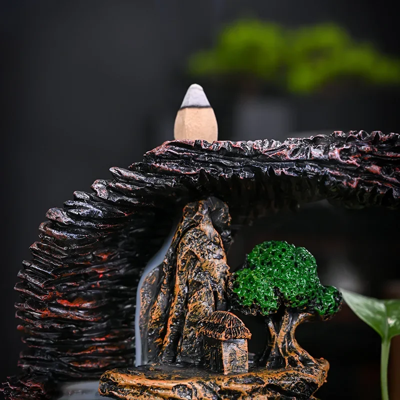 Resin Scenery Backflow Incense Burner Smoke Fountain Waterfall Incense Holder Mountain Stand for Home Room Decor Zen Ornaments