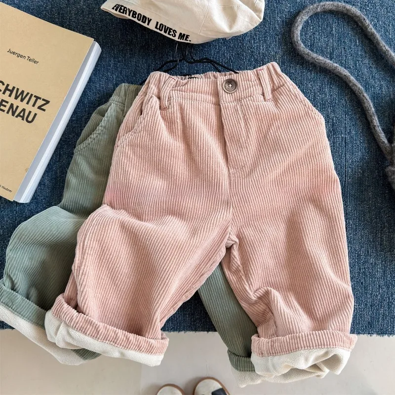 2026 New Winter Unisex Kids Fleece Lining Corduroy Pants Korean Style Solid Color Thicken Warm Trousers Children Outwear Pants
