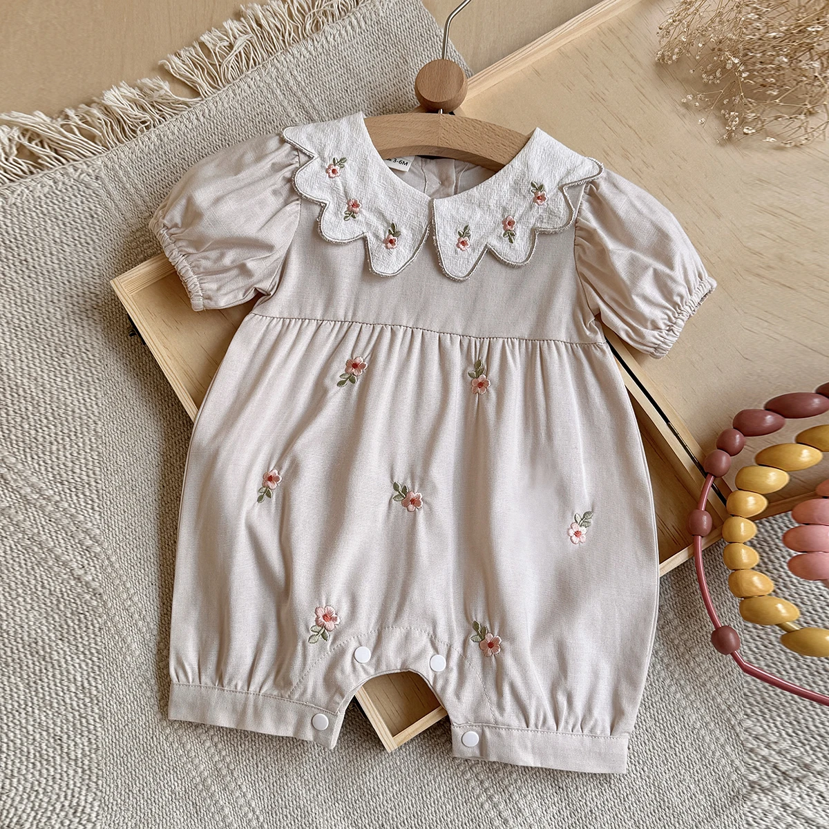 Newborn Baby Girls Boys Jumpsuit Embroidered Flowers Puff Sleeve Jumpsuit Baby Clothing Baby Summer Cotton Suit 3-24M
