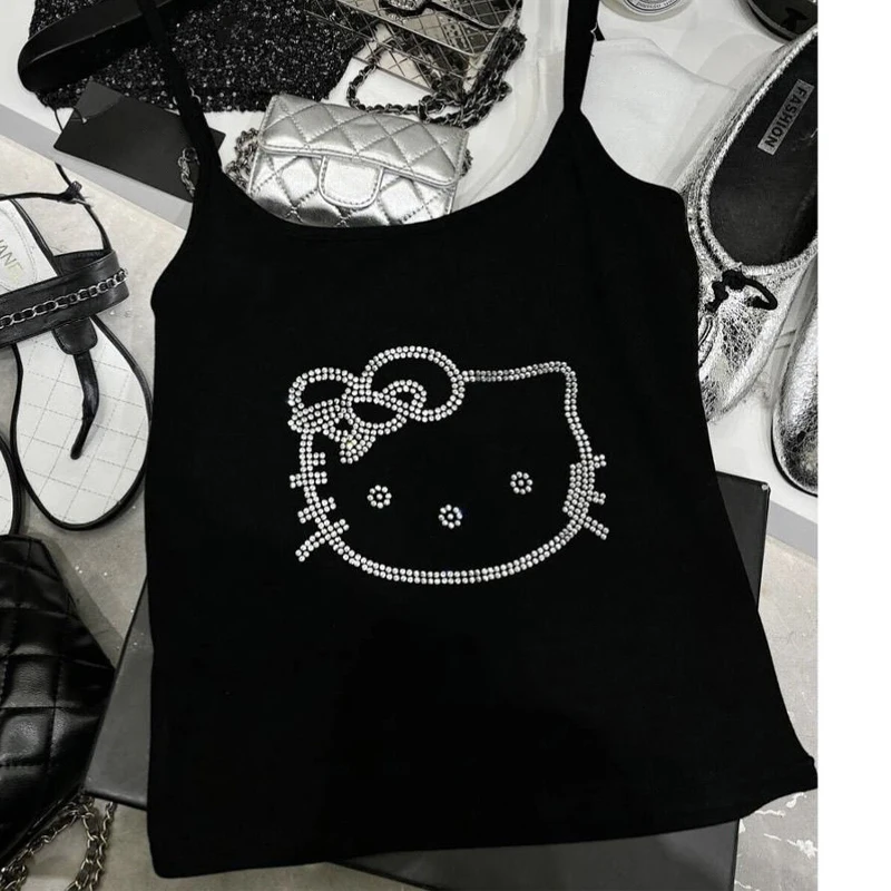 Hello Kitty Sanrio Tanks Top Sexy Backless Women Skinny Crop Tops Cartoon Y2k with Diamonds Cute Streetwear Women Camis Gift