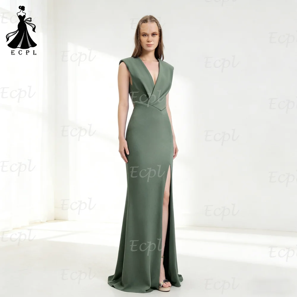 2026 جديد الزيتون الأخضر الساتين فستان المساء بلا أكمام عميق فستان سهرة جديد من الساتان باللون الأخضر الزيتوني لعام 2026 بدون أكمام وفتحة رقبة شكل v عميقة بدون ظهر فستان حفلات حورية البحر بفتحة جانبية مخصصة رداء السهرة #1