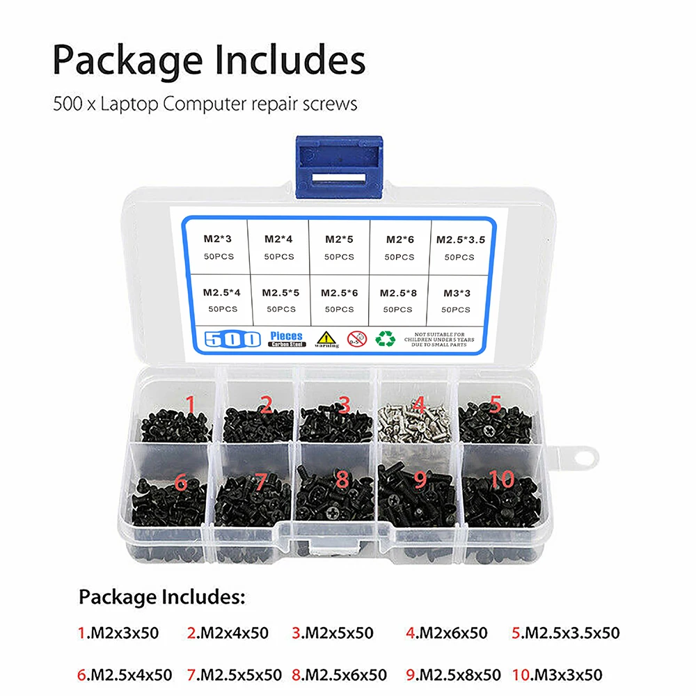 500/450/240PCS Carbon Steel Screws Flat Head Phillips Machine Laptop Notebook Set Kit Computer Small Black Bolts M2 M2.5 M3