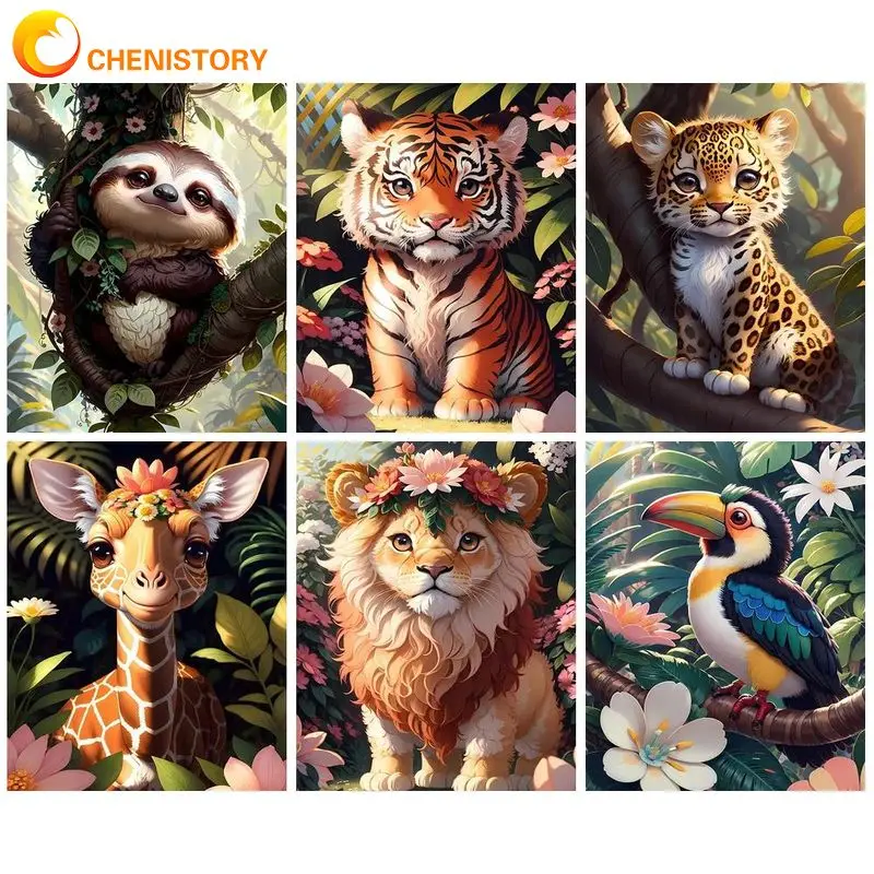 

CHENISTORY Modern Painting By Numbers With Frame Animals Handicrafts Diy Gift Wall Art For Kid Canvas Painting Lion Tiger Monkey