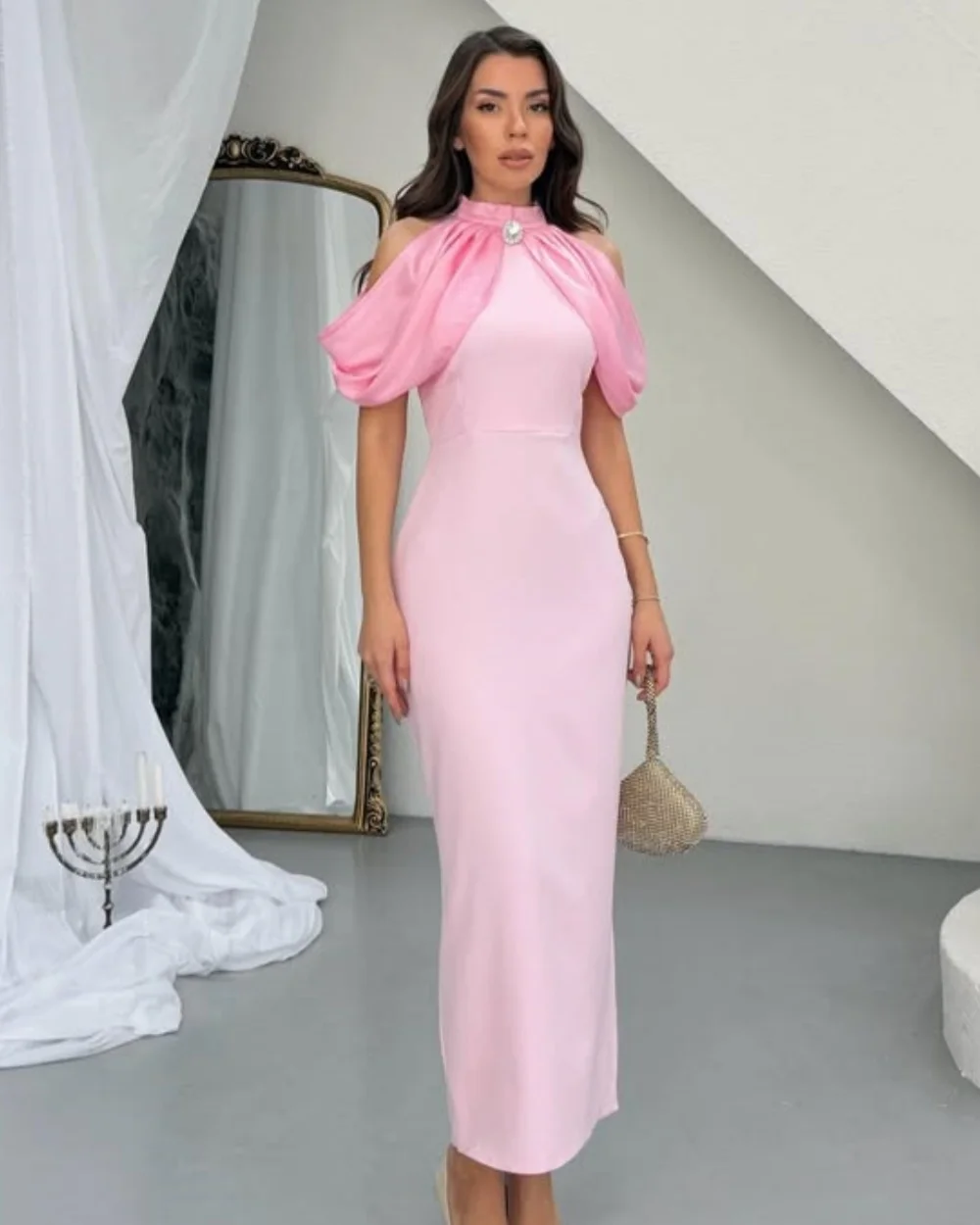 

Customized High Quality Women Jersey Rhinestone Pleat Straight Evening Dress Classic High Collar Sleeveless Ankle Length Dresses