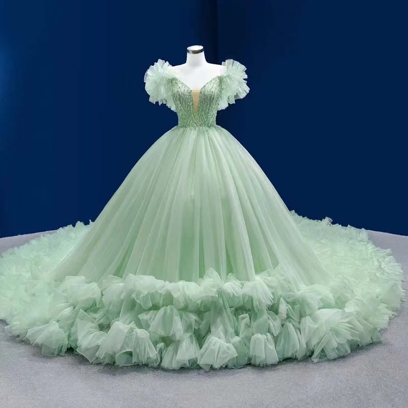 Gaun Quinceanera Hijau Mint Gaun Pesta dari Bahu Gaun Tulle Meksiko Puffy Manis 16 "15 Anos